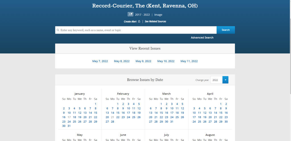 The Record-Courier Collection on Newsbank's calendar