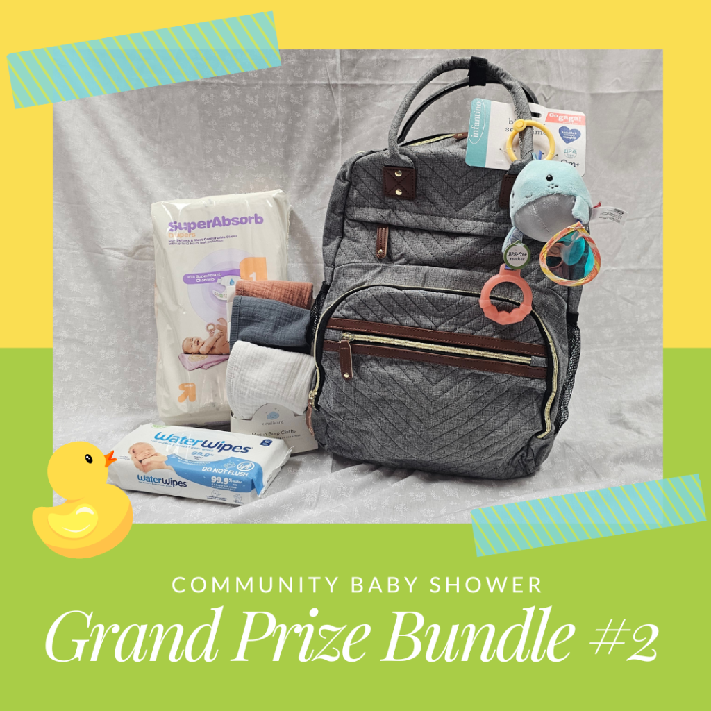Prize Bundle #2 is a photo of up&up 35ct Disposable Diapers Size 1
WaterWipes Original Unscented  - 60ct
Cloud Island Basic Muslin Burp Cloth - 3 pack
Tenot Diaper Bag Backpack
Infantino Go Gaga! Big Softy Sea Chime Baby Toy